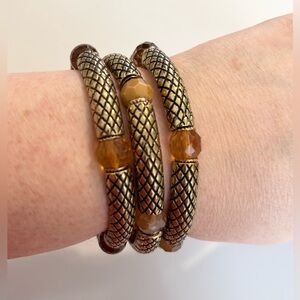 Gold Mesh & Amber Bead Stretch Bracelet Trio | 2 for $30
